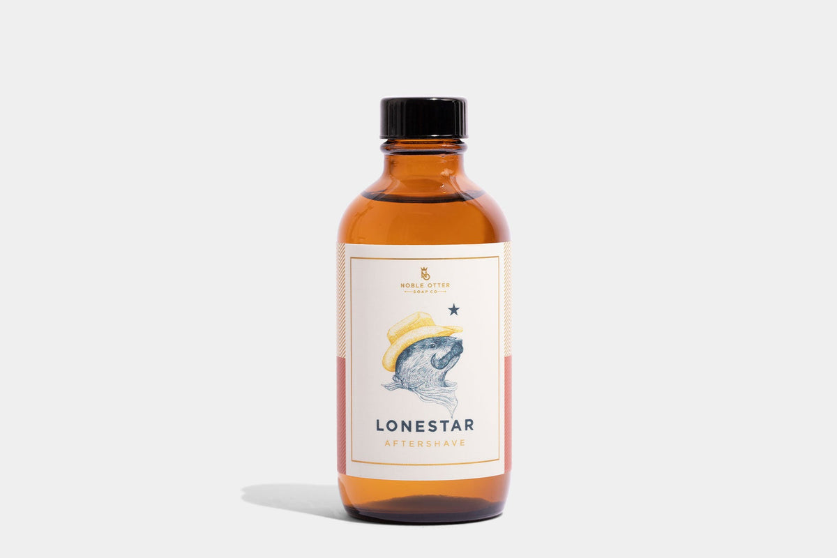 Bottle of Lonestar aftershave with a label on a white background