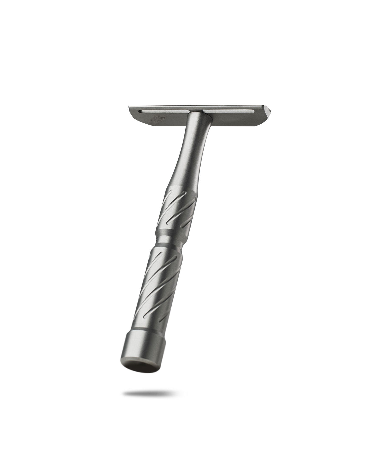 Silver metal double-edge safety razor with diagonal-grooved handle and flat T-shaped head, Vector by JRM Shaving Company
