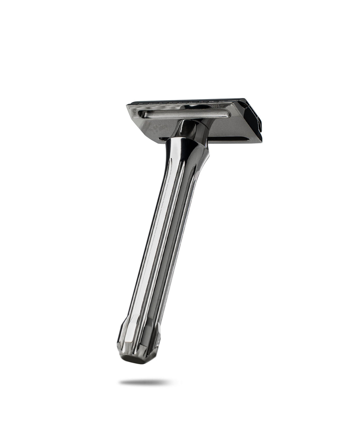 Blackbird Titanium double-edge safety razor with dark polished finish, faceted handle, and open-comb head