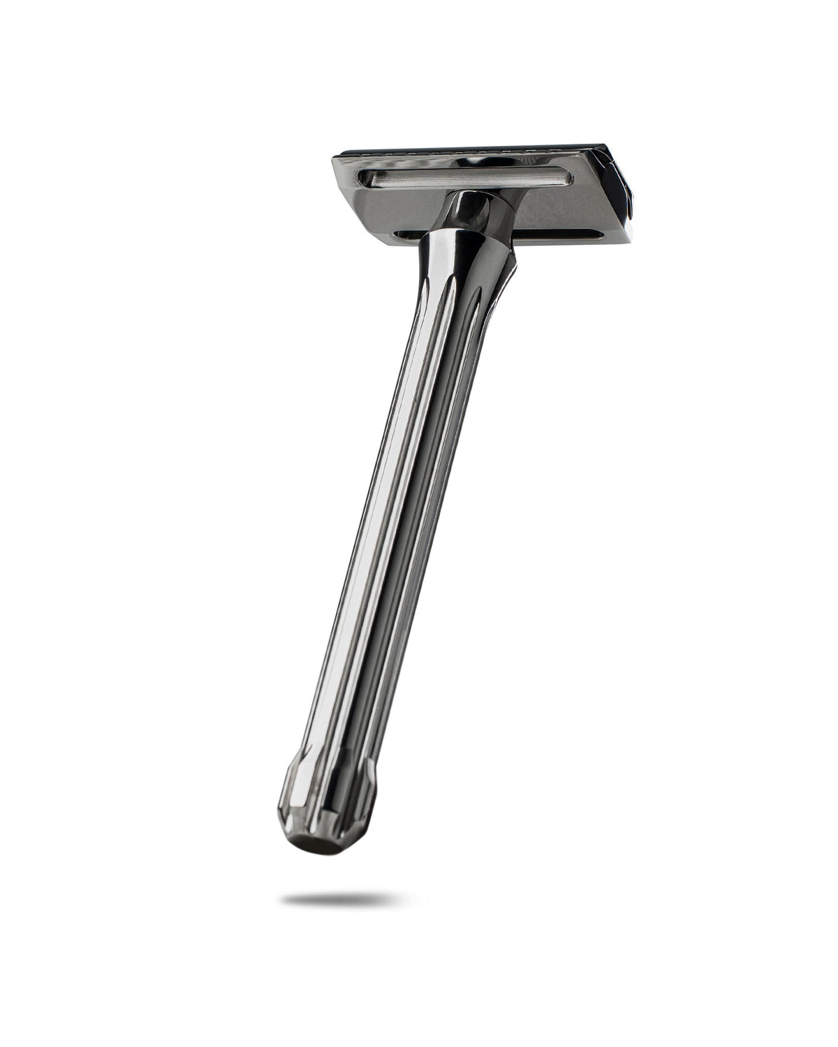 Blackbird Titanium double-edge safety razor with polished dark gray finish and fluted handle, angled upright view