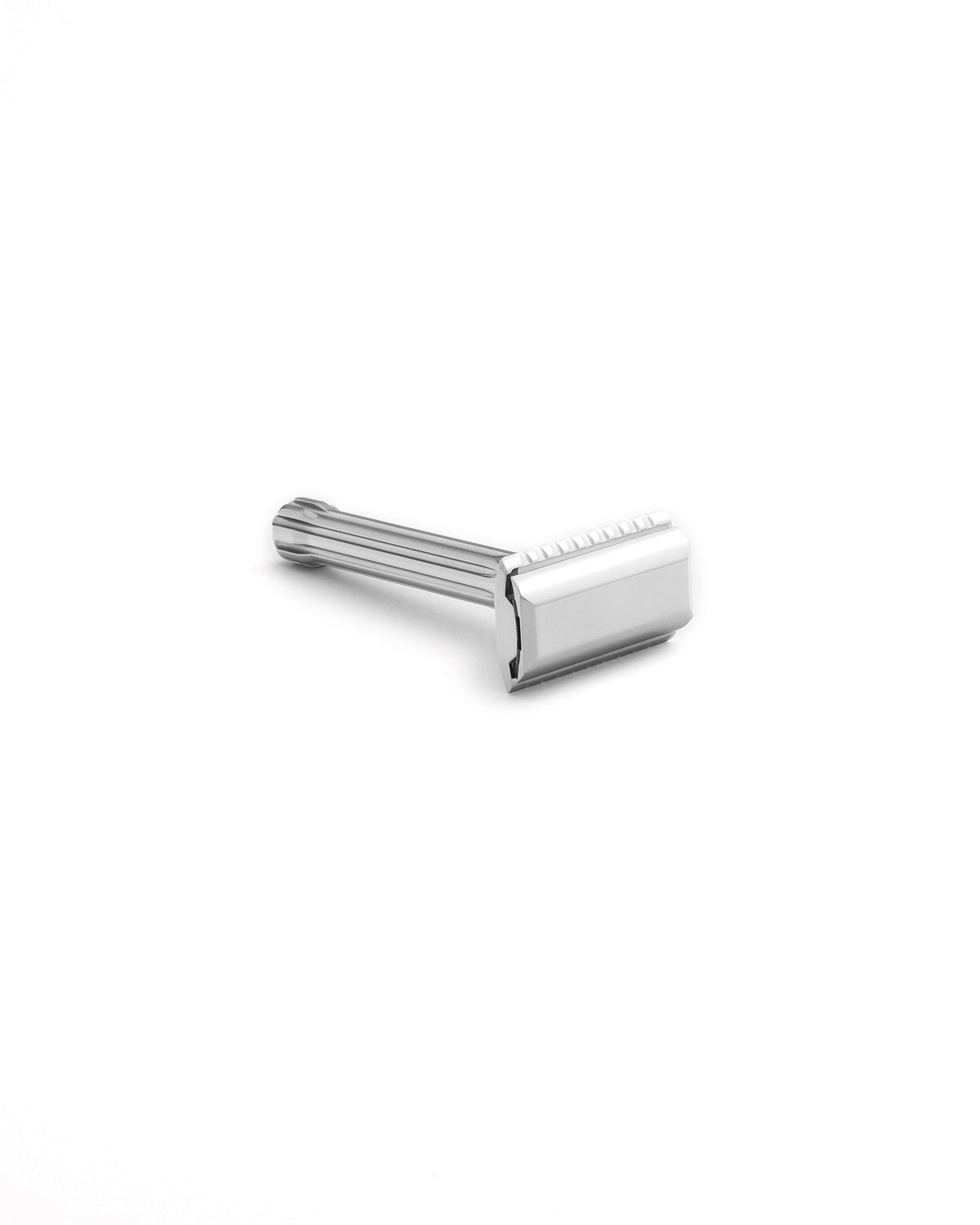 Blackbird double-edge safety razor in polished stainless steel with ridged handle, shown on white background