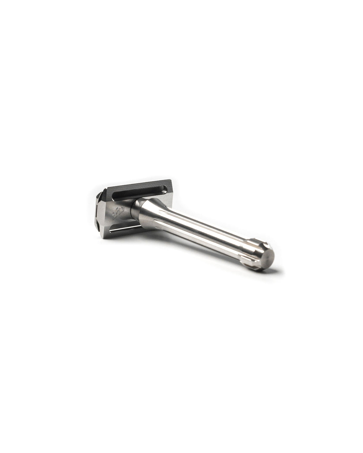 Blackbird safety razor in polished stainless steel with angular geometric head and smooth cylindrical handle