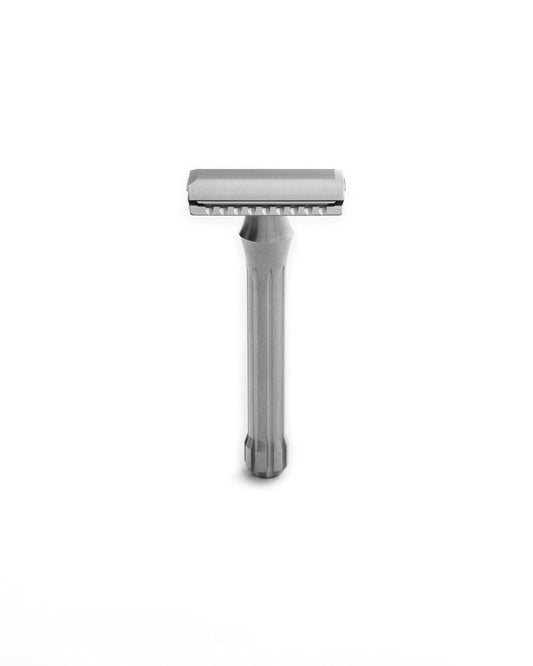 Blackbird double-edge safety razor in matte stainless steel with fluted handle and closed-comb head