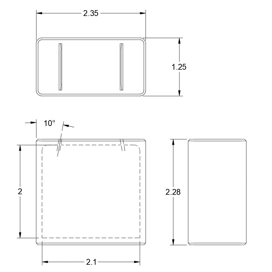 Technical drawing of rectangular razor bank showing dimensions: 2.35x1.25in top, 2.1x2in front, 2.28in side, 10° draft angle