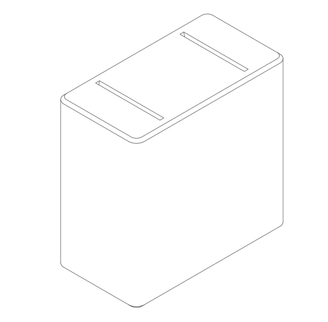 Rectangular metal razor blade bank with rounded edges and two slim disposal slots on top, shown in isometric line drawing