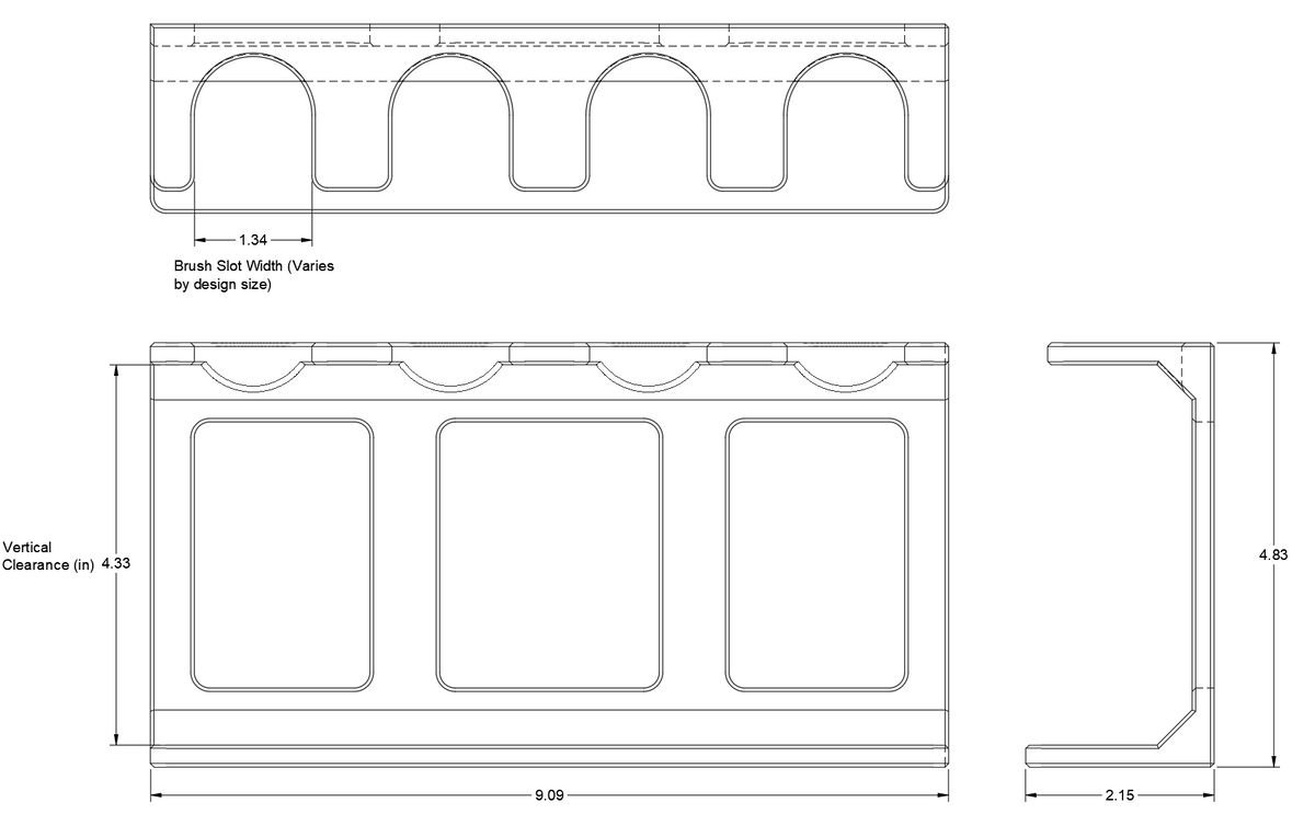 Multi-brush display stand technical drawing with top, front, and side views, dimensions 9.09 x 2.15 x 4.83 inches, 1.34-in slots