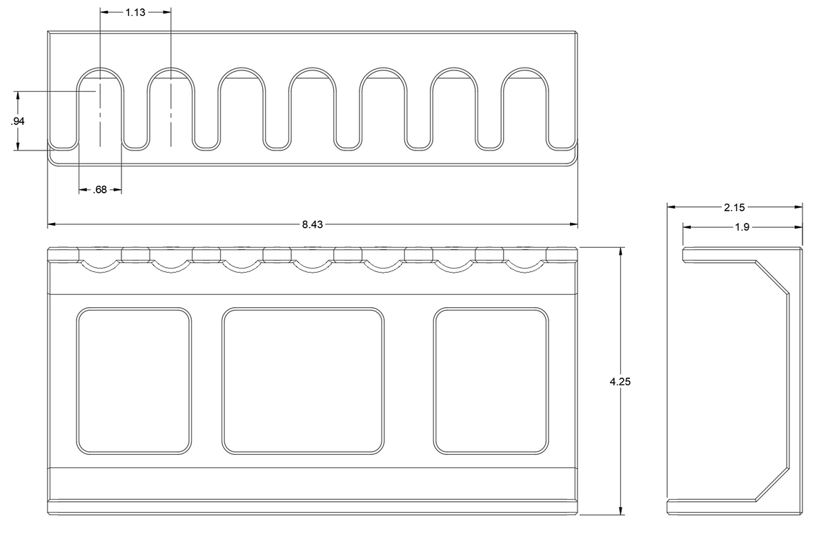 Razor Garden display stand technical drawing with dimensions: 8.43" long, 4.25" tall, 2.15" deep, slotted top holding razors