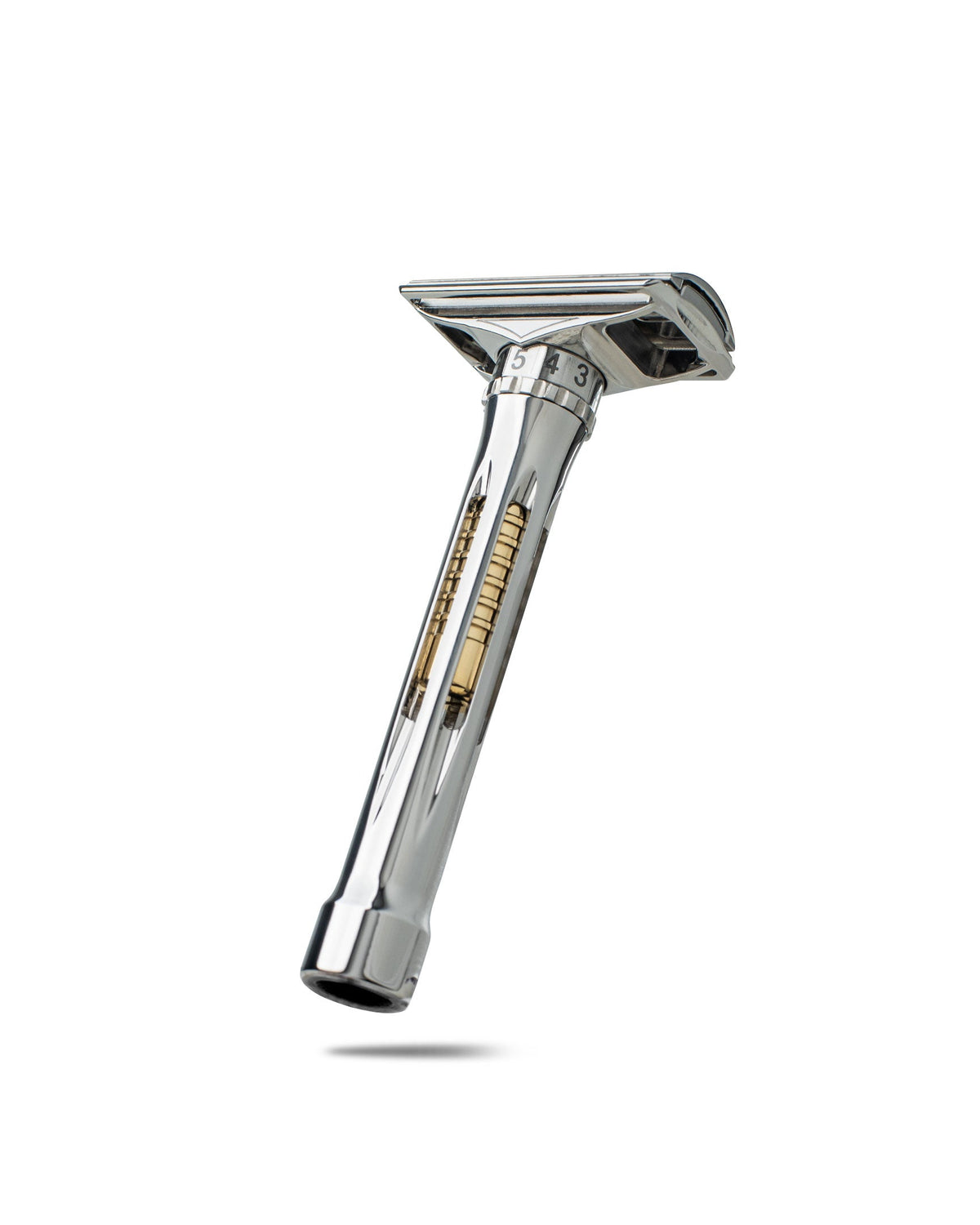 Chrome adjustable double-edge safety razor with numbered settings 3, 4, 5 visible on dial and gold internal mechanism