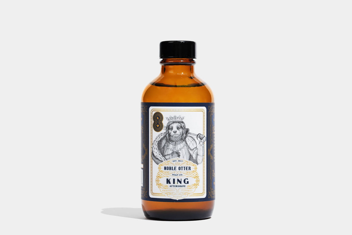 Bottle of Noble Otter King after shave on a white background