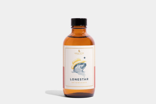 Bottle of Lonestar aftershave with a label on a white background