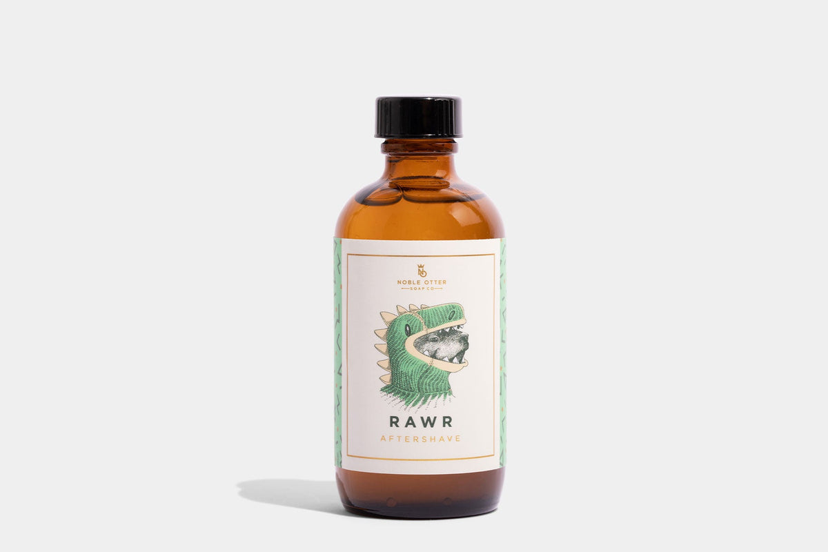 Noble Otter Aftershave "RAWR" with a green and white decorative label on a white background.