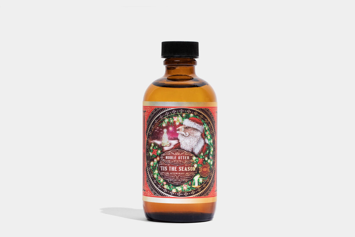 Noble Otter Shave Soap Container "Tis the Season" with a holiday decorative label  on a white background.