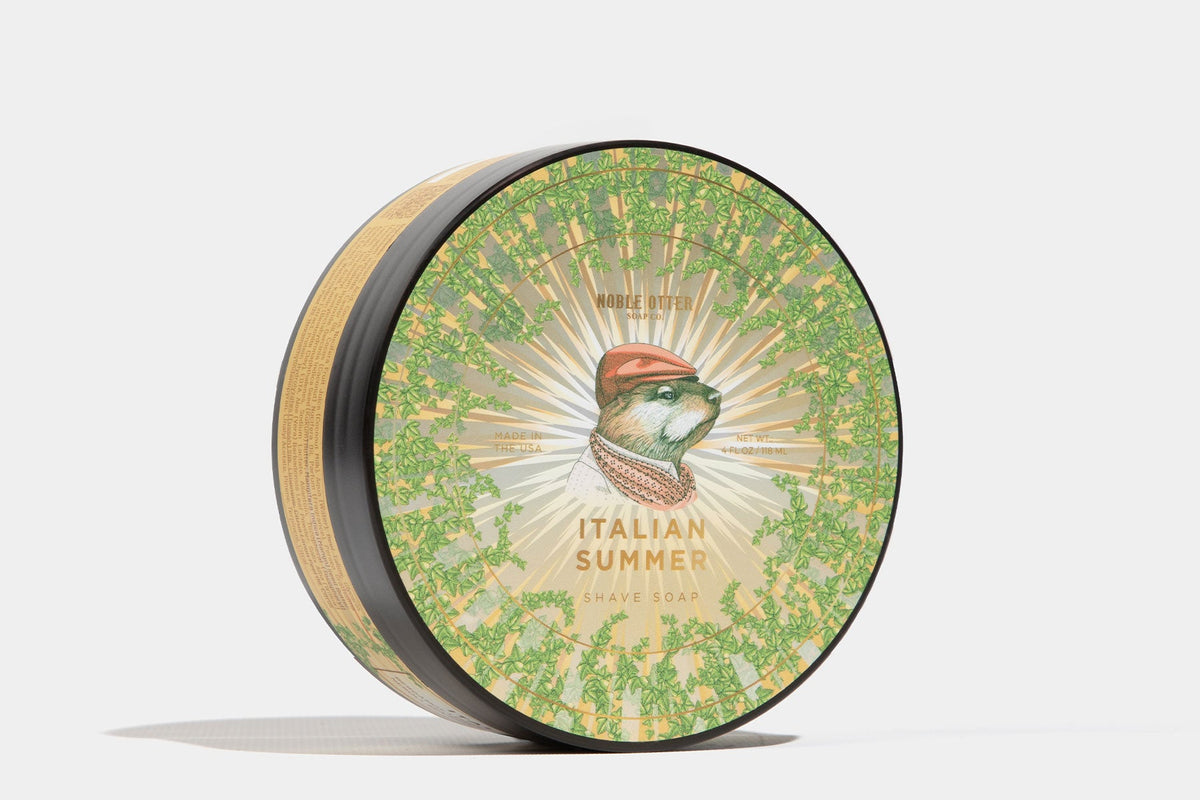 Shave soap container with 'Italian Summer' design on a white background