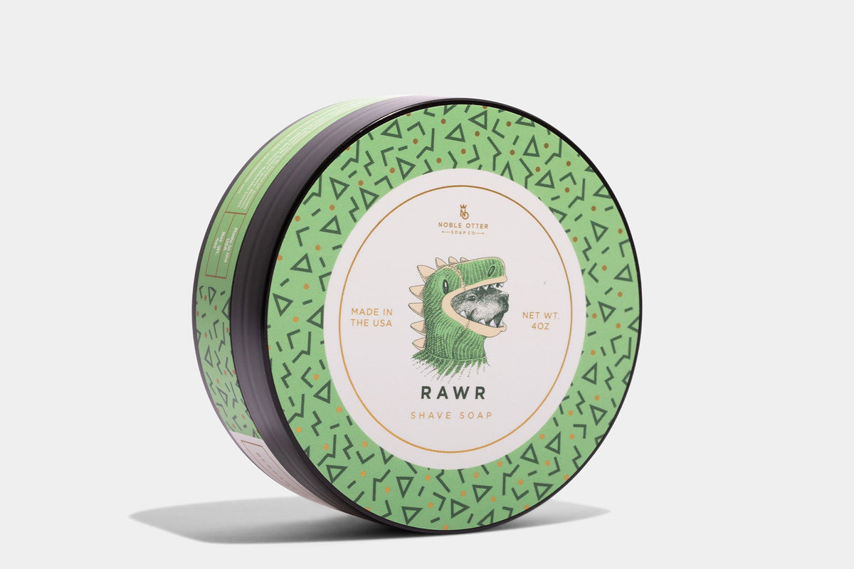 Noble Otter Shave Soap "RAWR" with a white and green decorative label  on a white background.