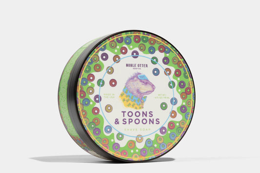 Colorful Shave soap container 'Toons & Spoons' branding on a white background