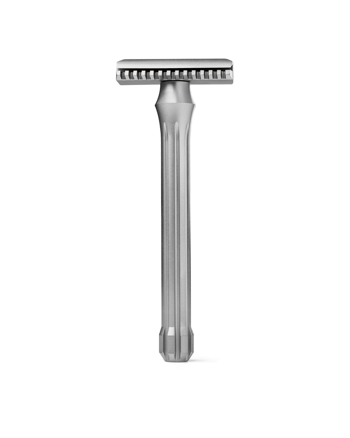 Blackbird double-edge safety razor in matte silver stainless steel with open-comb head and fluted handle