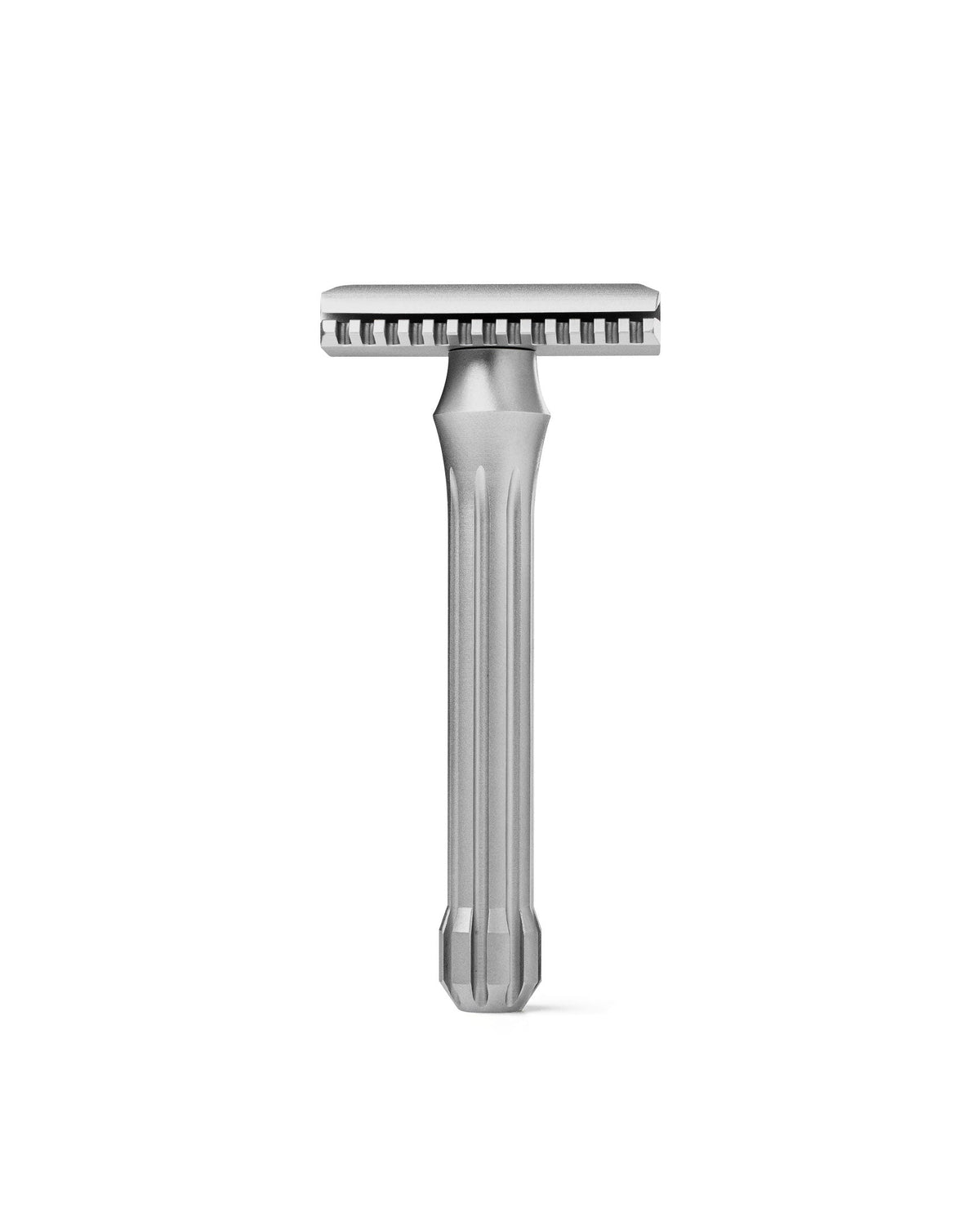 Blackbird double-edge safety razor in matte stainless steel with fluted handle and open-comb head