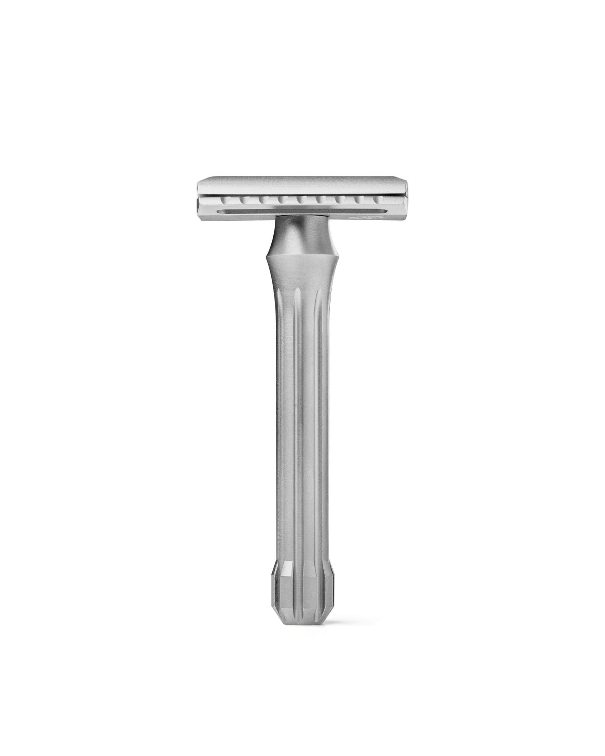 Blackbird double-edge safety razor in brushed stainless steel with fluted handle and closed-comb head