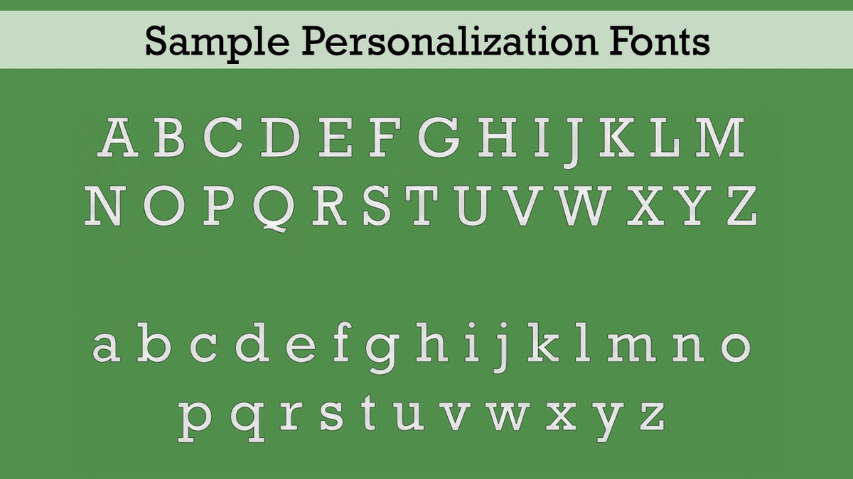 Personalization font sample for the razor travel case lid. White text on a green background.