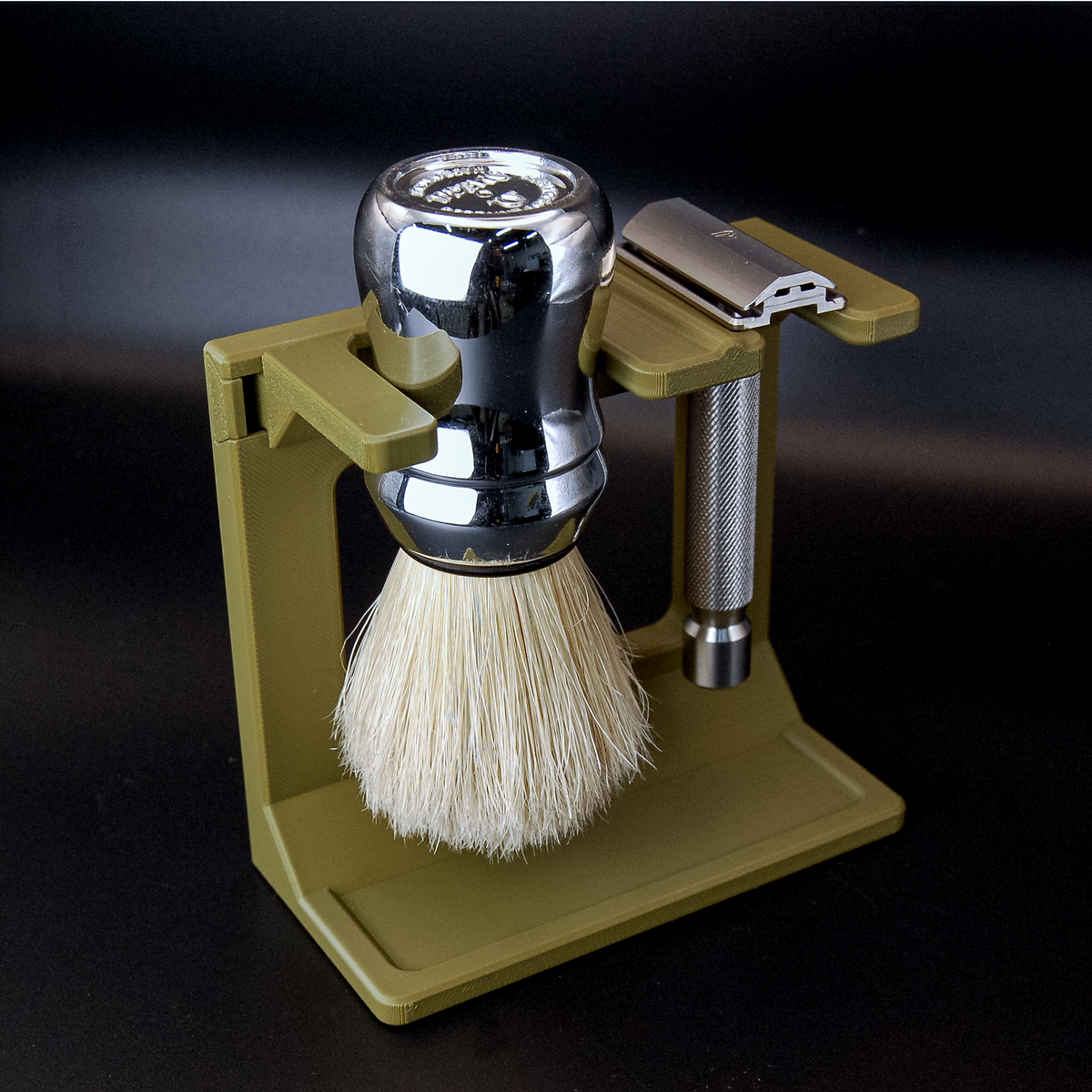 Shaving brush with stand on a dark background