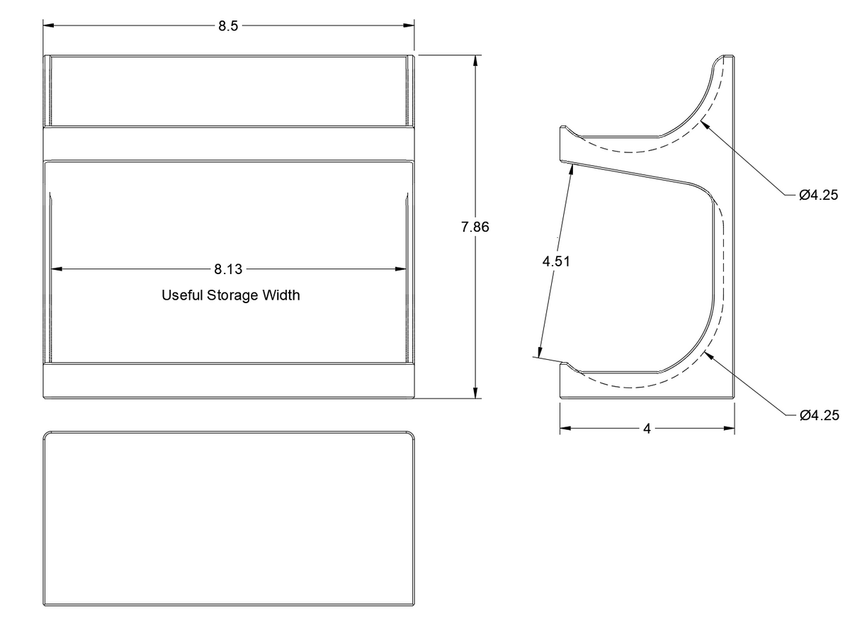 Countertop shaving soap stand technical drawing with dimensions: 8.5in wide, 7.86in tall, 4in deep, two 4.25in diameter soap holders