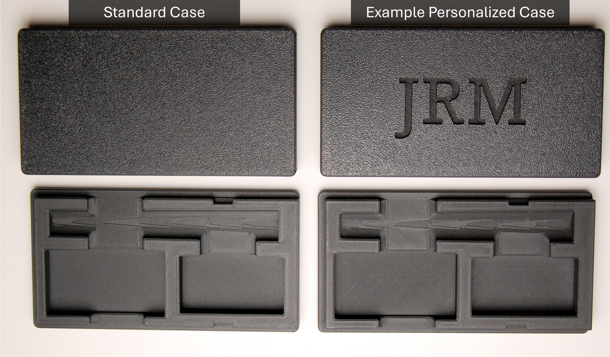 Two Henson Razor Travel Cases on white background: standard case on left, personalized case on right with "JRM" engraved on lid.