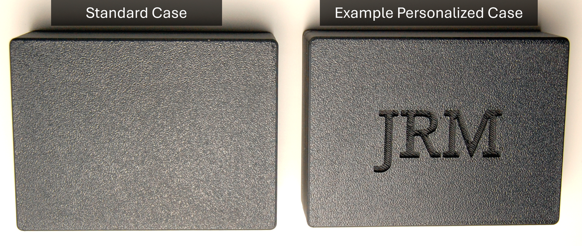 Two Rockwell Razor Travel Cases on white background: standard case on left, personalized case on right with "JRM" monogram on lid.