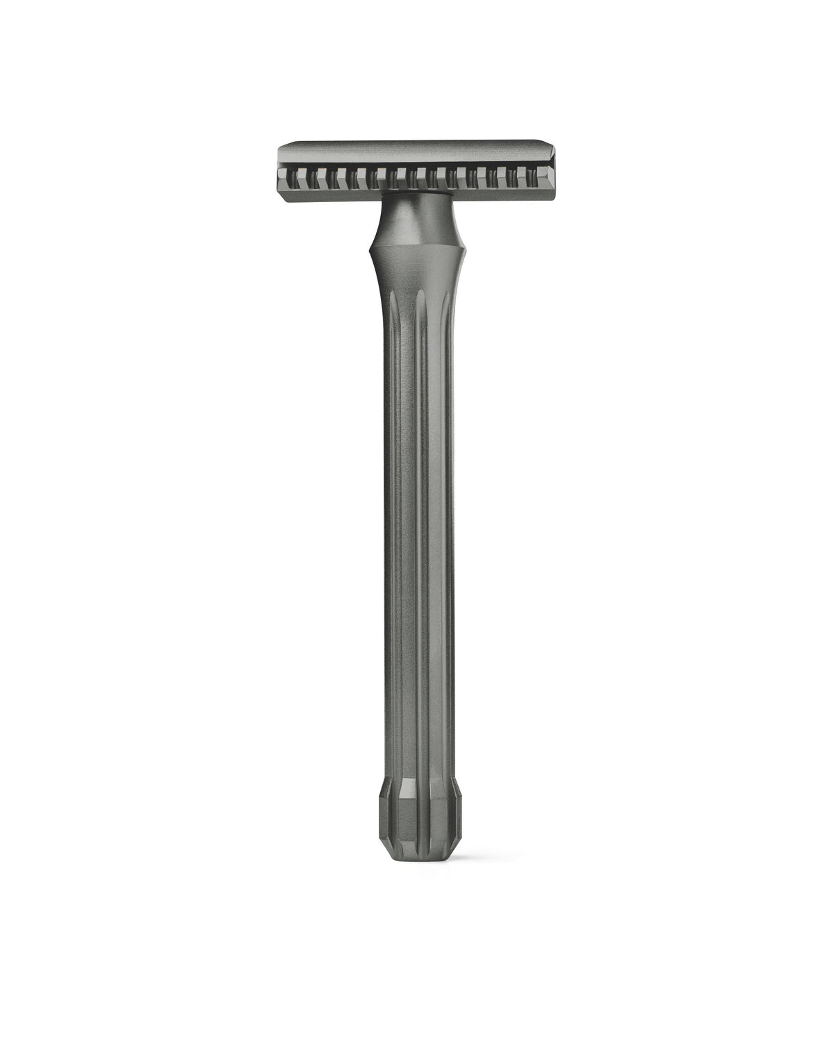 Blackbird Titanium double-edge safety razor with dark gray matte finish, fluted handle, and open-comb head