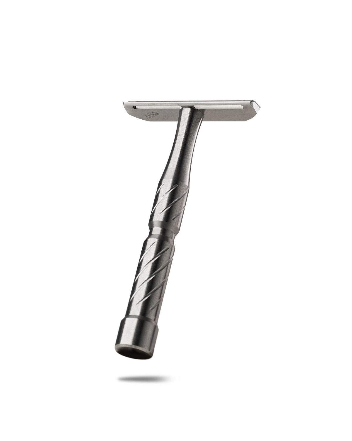 Stainless steel double-edge safety razor with diagonal-cut textured handle and T-shaped head, brushed metal finish