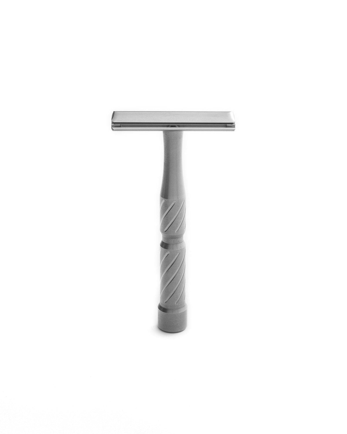 Silver metal double-edge safety razor with diagonal spiral-grooved handle and flat rectangular head