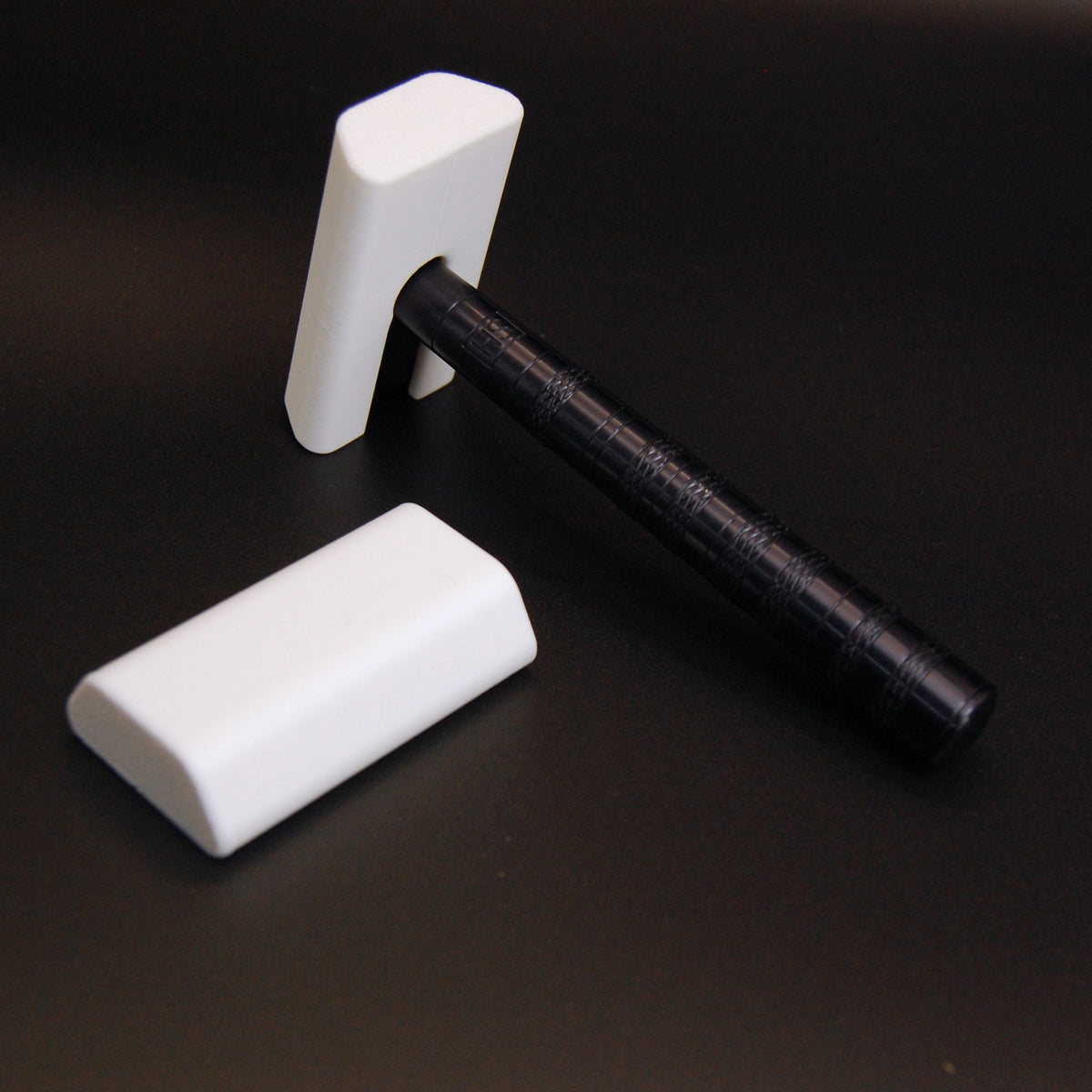 White snap-on travel covers for Henson AL13/Ti22 safety razor, 2 pack, shown with black razor handle