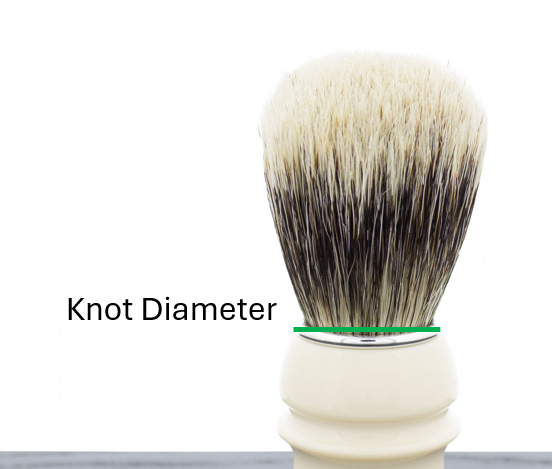 Shaving brush with labeled knot diameter on a white background