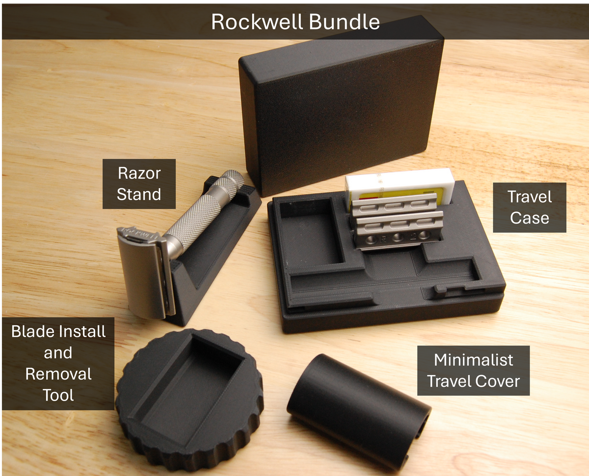 Rockwell Bundle with black razor stand, travel case, blade install and removal tool, and minimalist travel cover on wood. Razor not included.