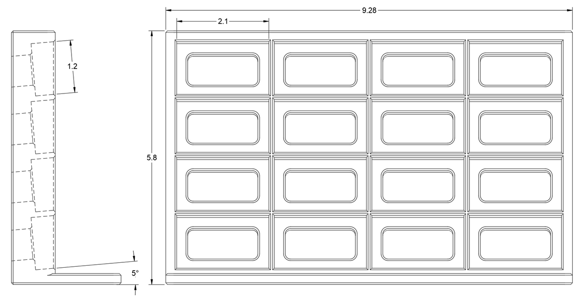 20-slot wooden display stand technical drawing, angled 5° base, 9.28" wide by 5.8" tall, grid layout, 1.2" deep shelves