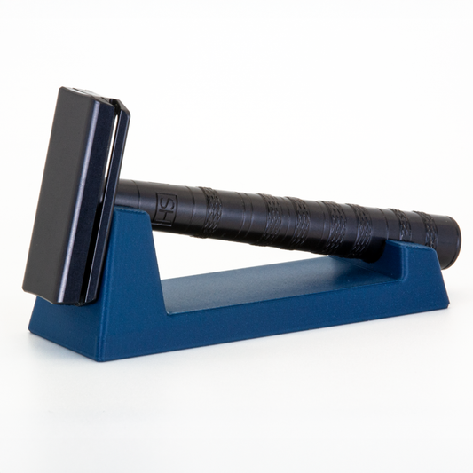 Navy Blue Universal Safety Razor Stand, standard base, holding a Jet Black Henson AL13 head-up on white
